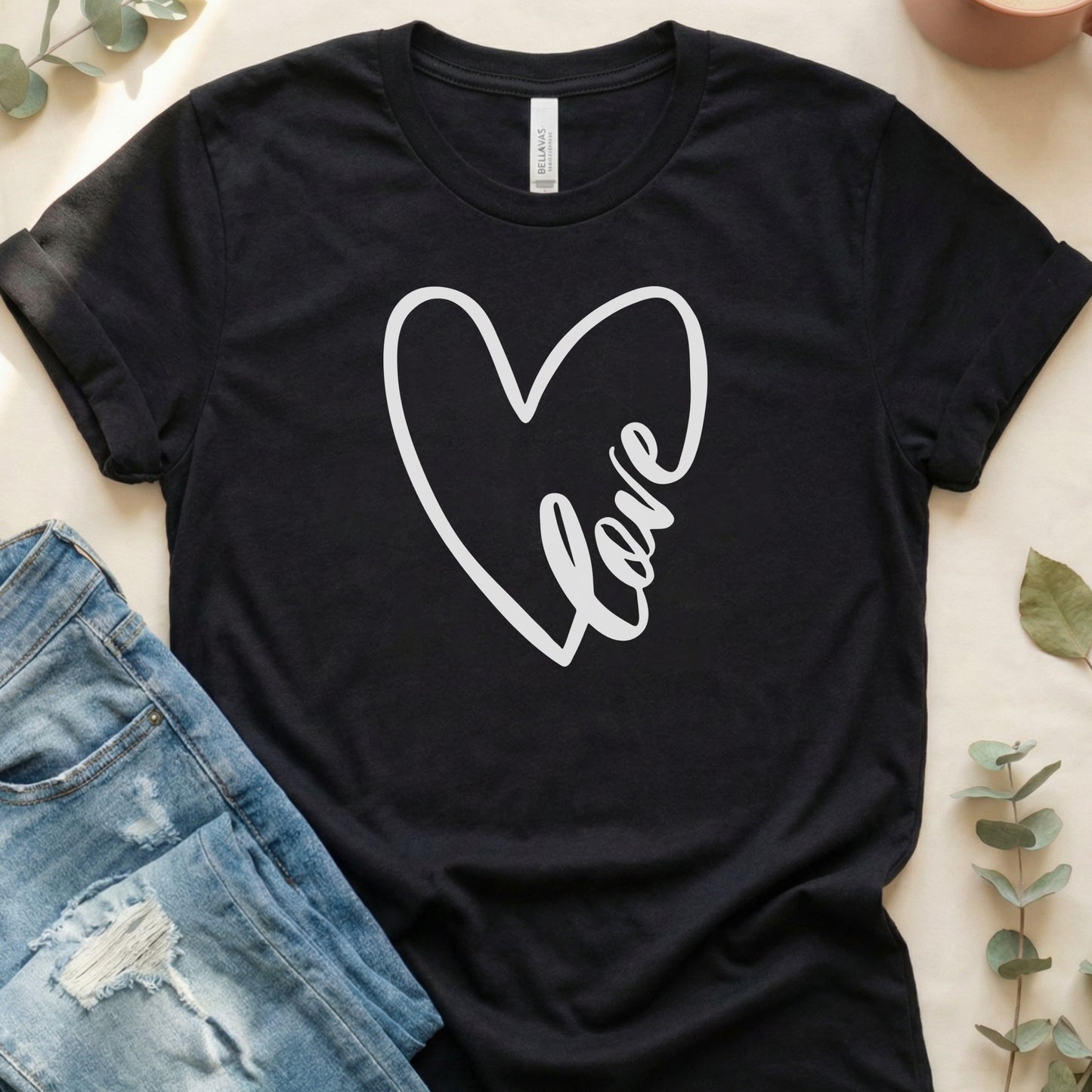 Black T-Shirt with Simple Heart and Love Design Top