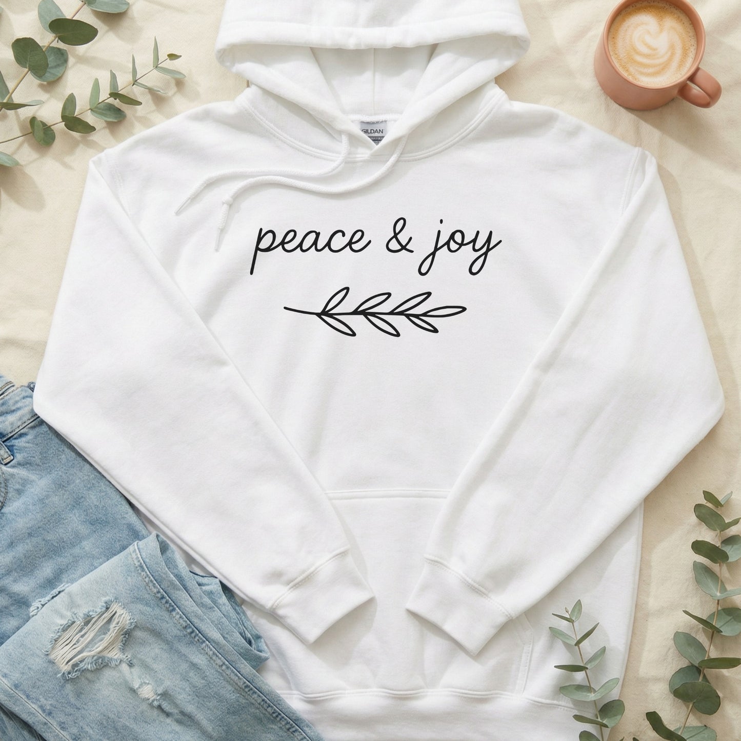 Peace and Joy Graphic Hoodie with Leaf Design