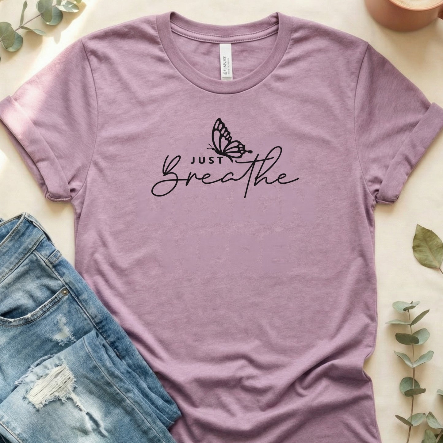 Just Breathe Graphic Butterfly Design T-Shirt