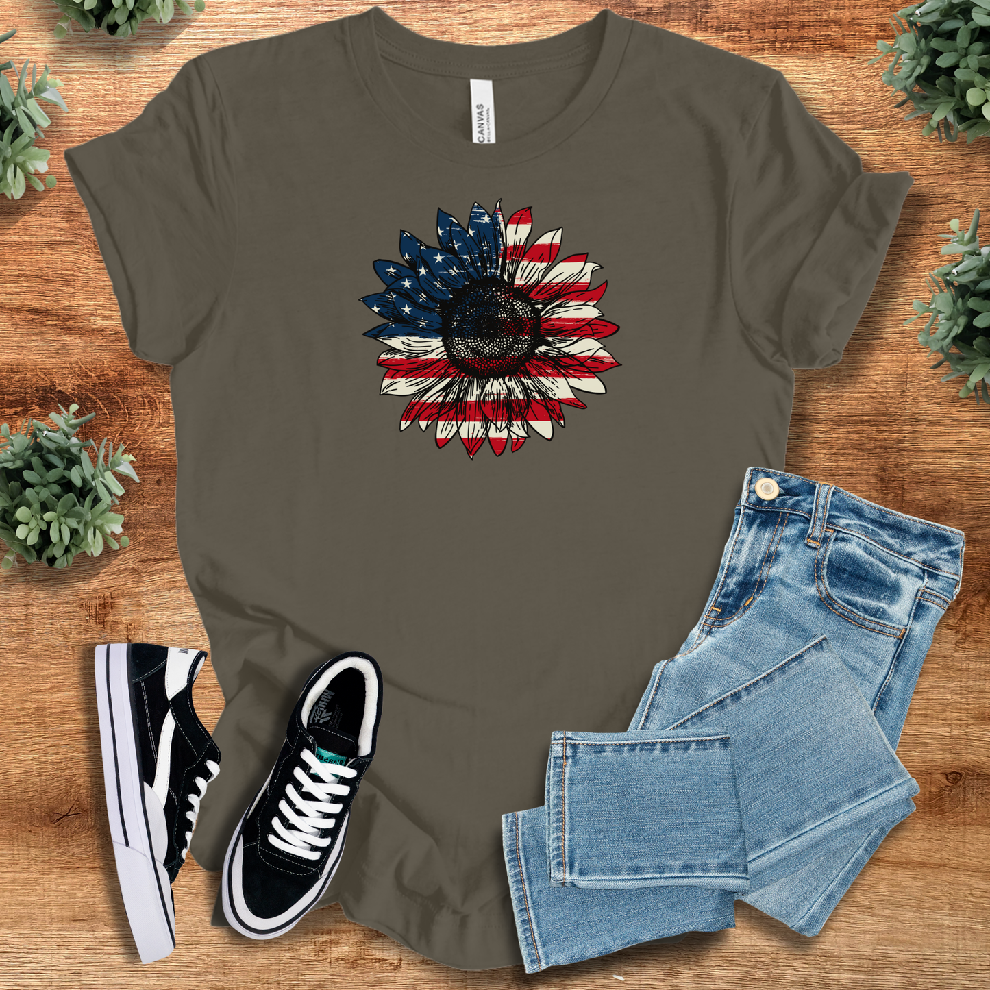 Patriotic American Flag Sunflower T‑Shirt | Soft Bella+Canvas Tee
