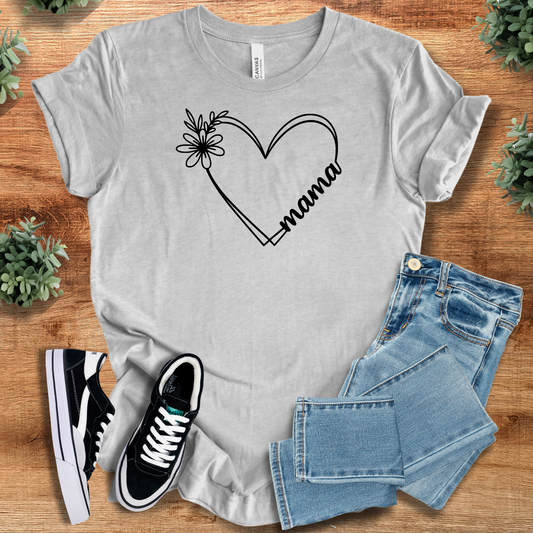 Floral Heart Mama Tee in light gray, 100% cotton with black heart and daisy graphic. Ideal Mother's Day gift for casual wear.