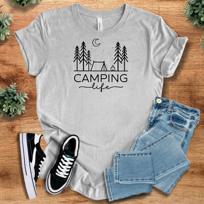Heather-aqua t-shirt with '' text, flat lay styled on a wooden surface.