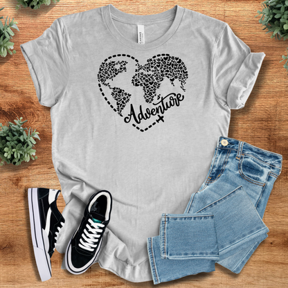 Heather-mauve t-shirt with '' text, flat lay styled on a wooden surface.
