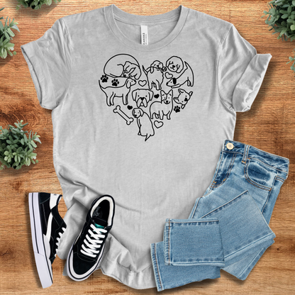 Heather-navy t-shirt with '' text, flat lay styled on a wooden surface.