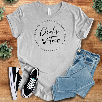 Heather-mauve t-shirt with '' text, flat lay styled on a wooden surface.