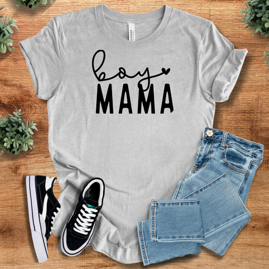 Boy Mama Tee in heather gray with black script and heart graphic. Classic crew fit, ideal for casual mom wear and everyday comfort.