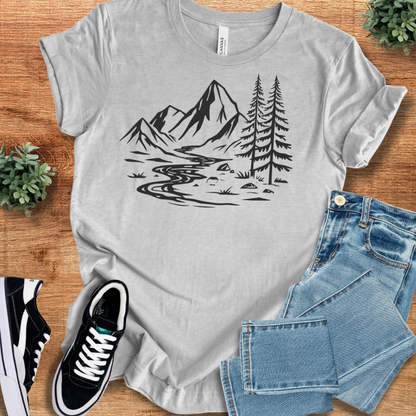 Gray Peaceful Mountain Road T-shirt with black scenic nature print, featuring a classic crew neck and short sleeves for casual everyday wear.