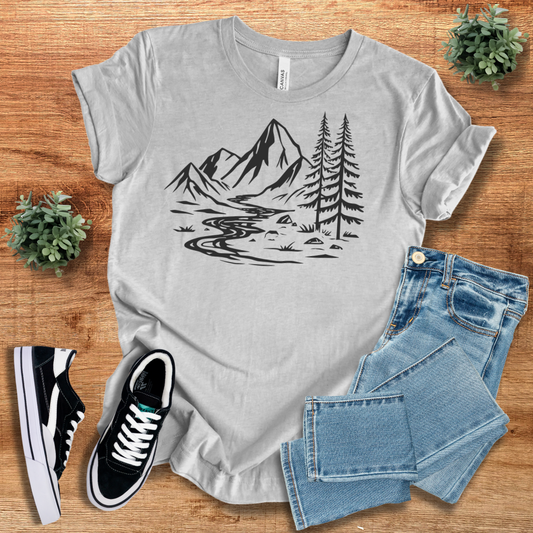 Gray Peaceful Mountain Road T-shirt with black scenic nature print, featuring a classic crew neck and short sleeves for casual everyday wear.