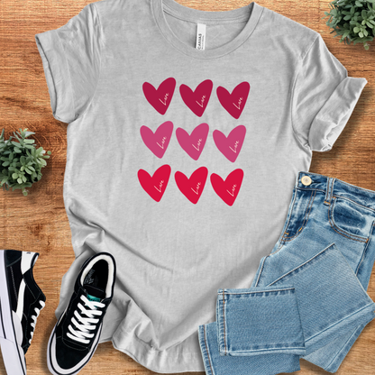 Soft Bella+Canvas Valentine Hearts T‑Shirt in athletic gray featuring minimalist love heart design, ideal family gift shirt or uplifting apparel.