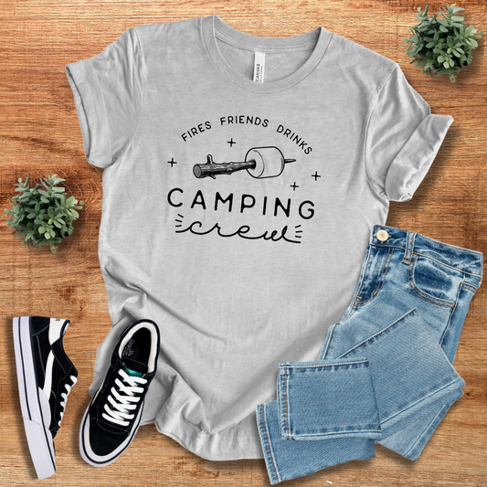 Light gray Camping Crew T-shirt with a minimalist outdoor design. A must-have for camping and hiking enthusiasts.