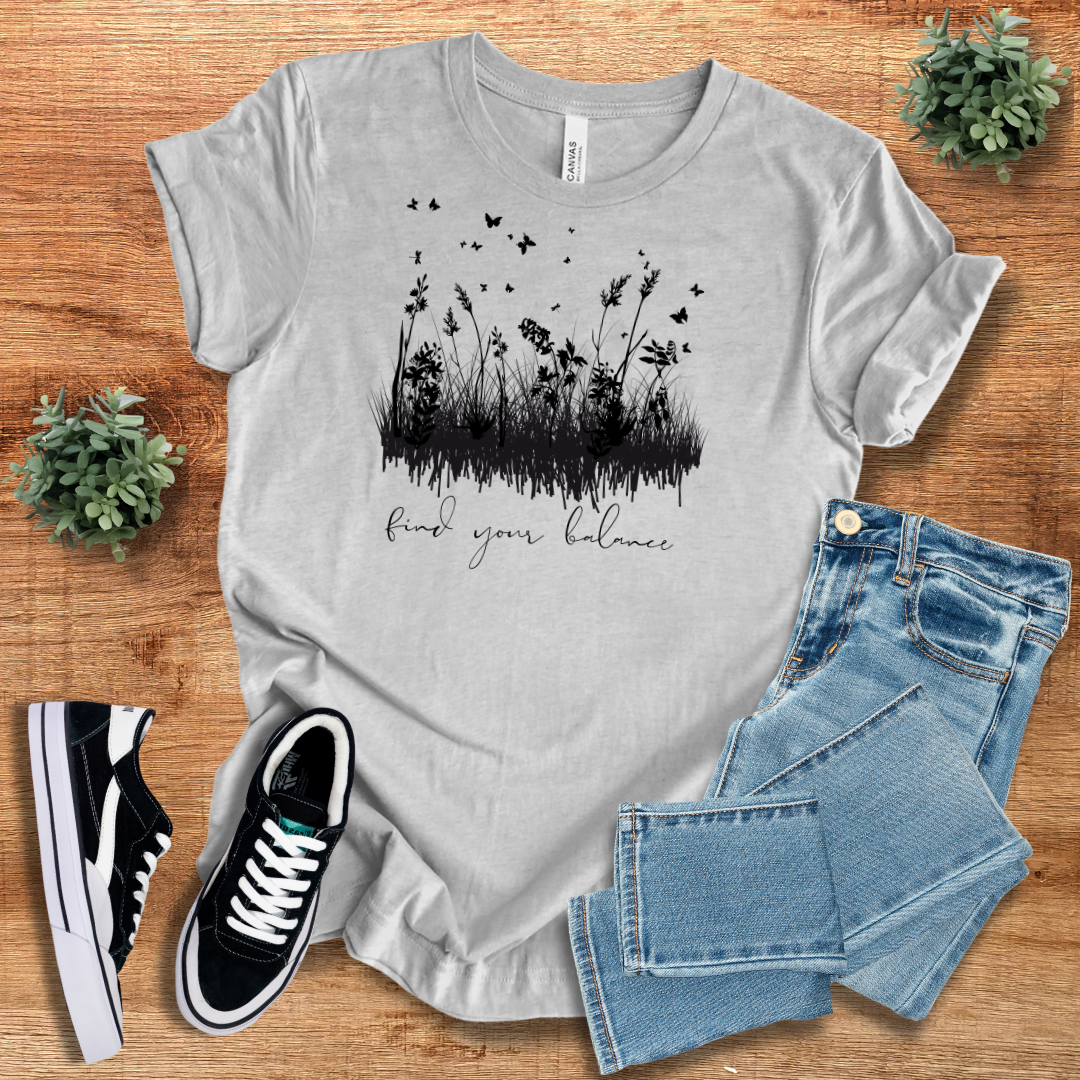 Gray Find Your Balance T-shirt with black botanical design. A stylish and comfortable unisex tee for everyday wear and layering.