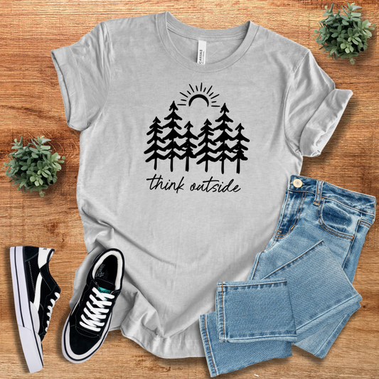 Think Outside Unisex Graphic Tee in light gray with a black tree and sun graphic, perfect for casual outings and expressing a love for nature.