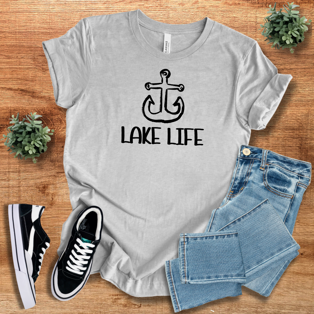 Heather gray Lake Life Graphic Tee with a nautical anchor print, a casual and stylish option for boat life enthusiasts.