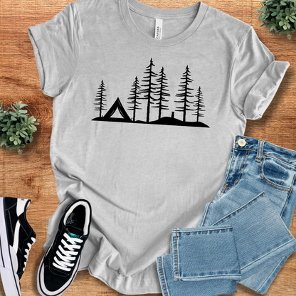 Athletic-heather t-shirt with 'Wild Woods Tent T‑Shirt' text, flat lay styled on a wooden surface.