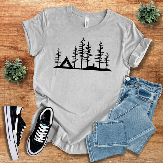 Light gray Wild Woods Tent T-Shirt with a simple black tent and trees design. A soft and breathable choice for casual outdoor wear.