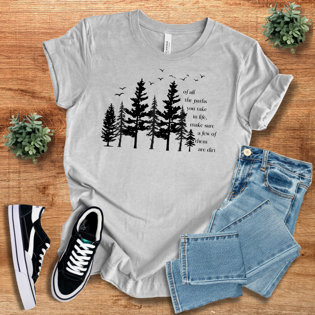 Heather gray Dirt Path Adventure T-Shirt with a minimalist forest graphic. A breathable and stylish tee for outdoor and casual wear.