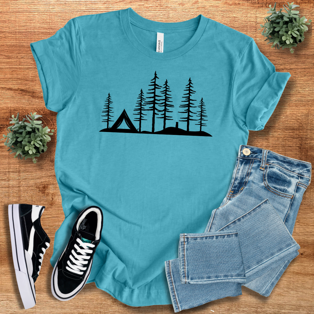 Vibrant blue Wild Woods Tent T-Shirt featuring a sleek forest and tent graphic. A trendy and comfortable tee for nature lovers.