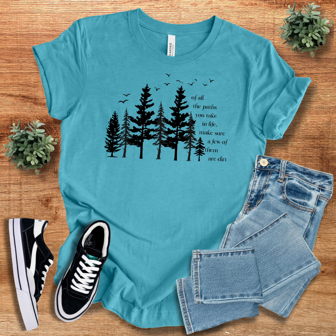 Turquoise Dirt Path Adventure T-Shirt with a nature-inspired tree and bird design. A soft and lightweight tee for adventure seekers.