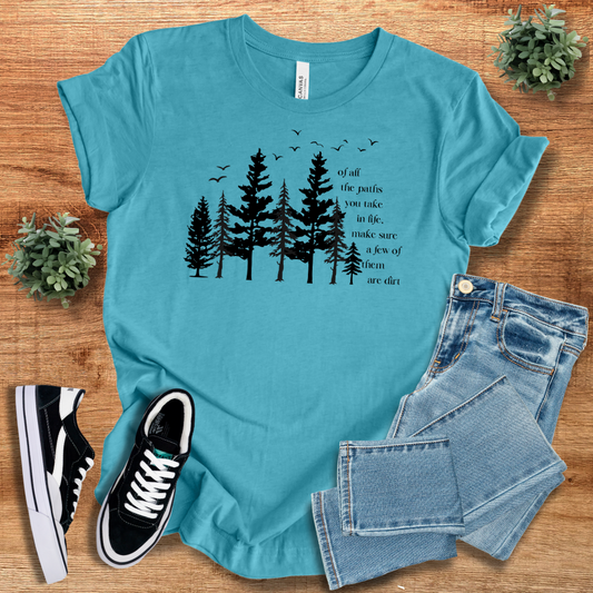 Turquoise Dirt Path Adventure T-Shirt with a nature-inspired tree and bird design. A soft and lightweight tee for adventure seekers.