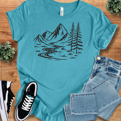 Teal Peaceful Mountain Road T-shirt with black outdoor-inspired print, offering a lightweight and regular fit for versatile everyday fashion.
