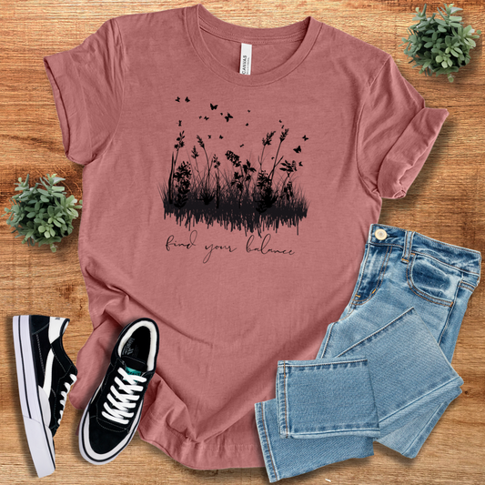 Find Your Balance T-shirt in dusty rose with black nature-inspired print. Comfortable cotton crew neck for casual and active wear.