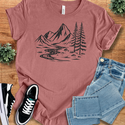 Mauve Peaceful Mountain Road T-shirt with black nature-inspired print, designed for breathable and lightweight wear in a classic fit.