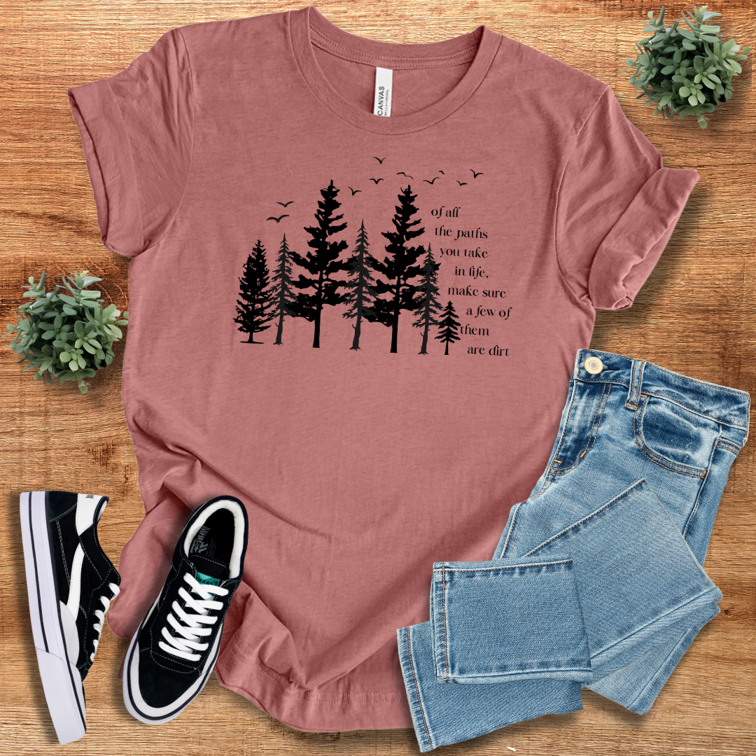 Mauve Dirt Path Adventure T-Shirt featuring a scenic tree and bird print. A trendy and comfortable choice for nature lovers and explorers.