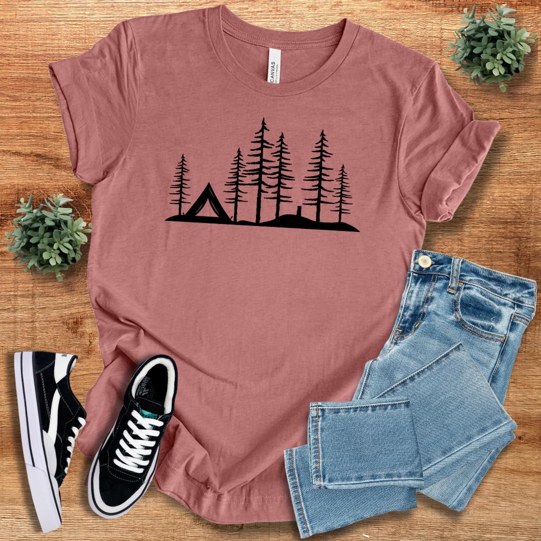 Muted rose Wild Woods Tent T-Shirt with a minimalist camping scene. A stylish and breathable cotton tee for outdoor lovers.