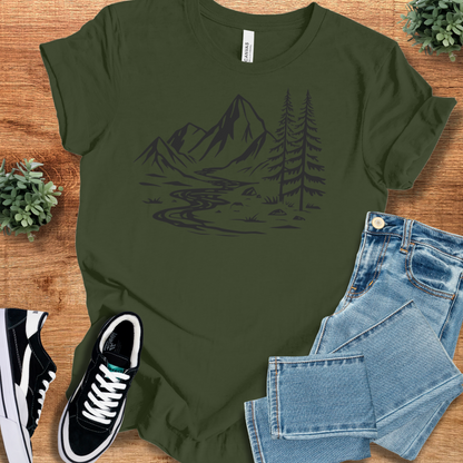 Dark green Peaceful Mountain Road T-shirt with subtle black scenic print, offering a stylish and versatile crew neck design for casual wear.