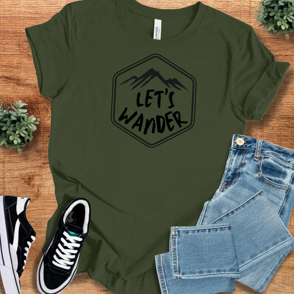 Heather-aqua t-shirt with '' text, flat lay styled on a wooden surface.
