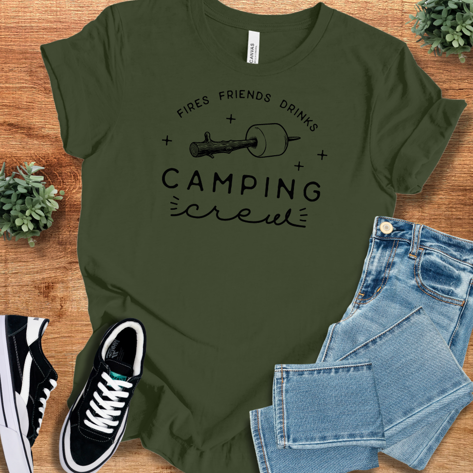Athletic-heather t-shirt with '' text, flat lay styled on a wooden surface.