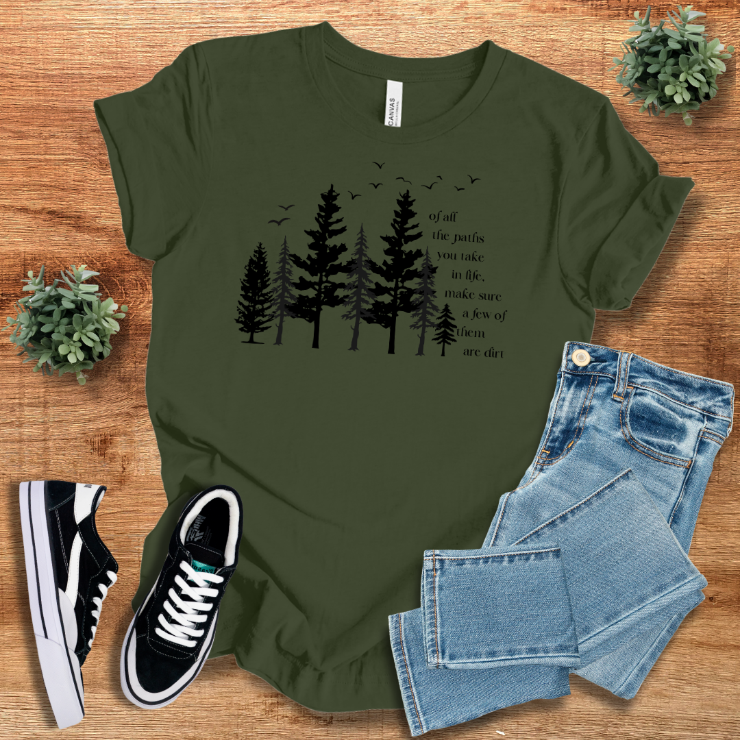 Forest green Dirt Path Adventure T-Shirt with a scenic tree and bird design. A durable and breathable tee for nature lovers and hikers.