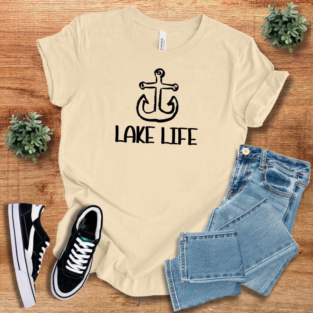 Beige Lake Life Graphic Tee with a nautical anchor print, a soft and breathable cotton shirt for vacation vibes.