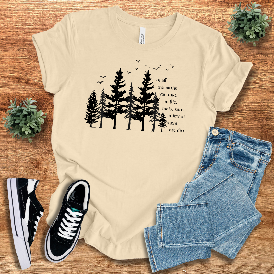 Cream Dirt Path Adventure T-Shirt featuring a black tree silhouette print. A comfortable and stylish choice for outdoor enthusiasts.