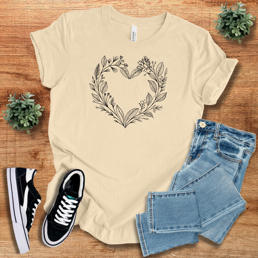 Classic unisex cotton t-shirt in beige with a stylish floral heart design. A breathable and comfortable crew neck tee for casual wear.