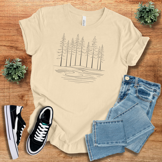 Beige Peaceful Woods T-shirt with a minimalist tree and river design, offering a relaxed fit and breathable fabric for daily wear.