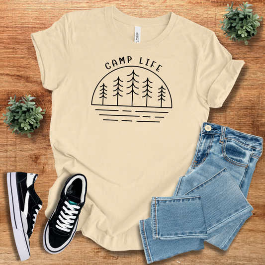 Beige Camp Life Graphic Tee with a simple tree illustration, designed for outdoor enthusiasts. Unisex jersey offering comfort and style.
