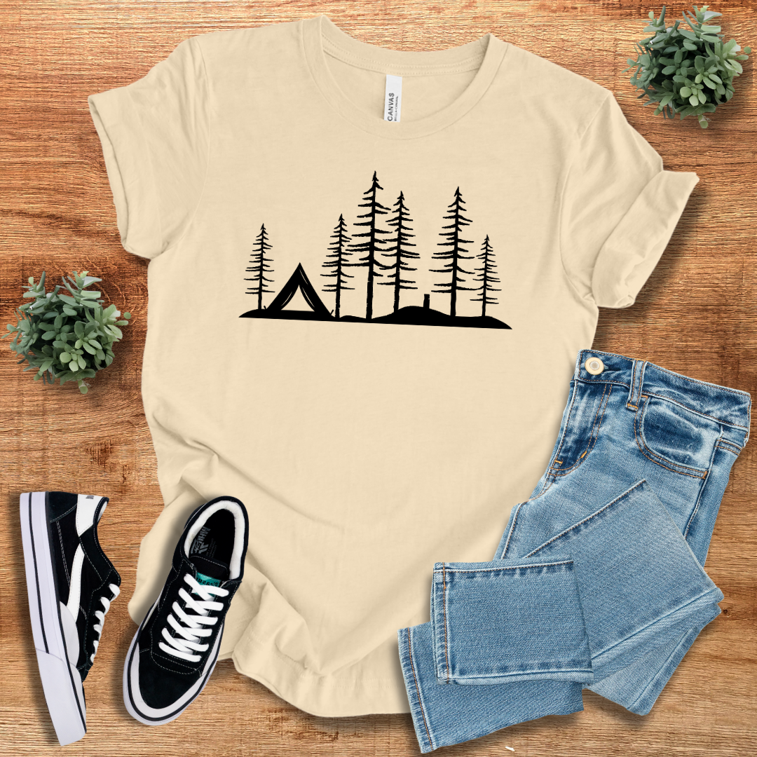 Cream-colored Wild Woods Tent T-Shirt with a minimalist camping design. A soft and stylish choice for outdoor enthusiasts.