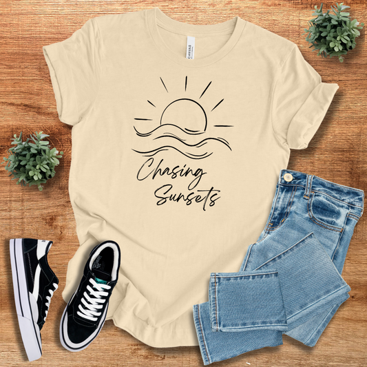 Beige Chasing Sunsets T-shirt with a minimalist black sun and waves design, perfect for layering. Made from lightweight, breathable cotton fabric.