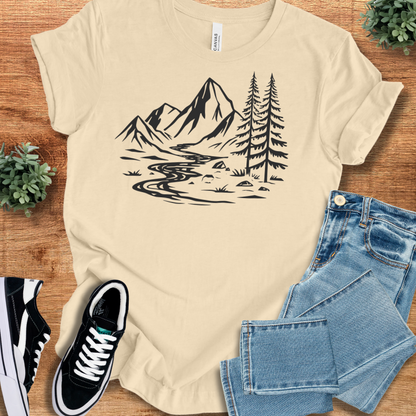 Cream Peaceful Mountain Road T-shirt with black outdoor-themed design, offering a sustainable and ethically made option for everyday wear.