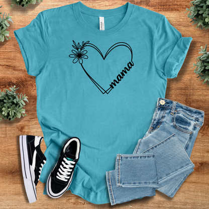 Heather-aqua t-shirt with '' text, flat lay styled on a wooden surface.
