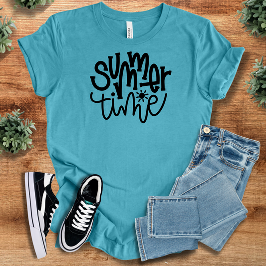 Summer Time Tee T‑Shirt in aqua blue on soft Bella+Canvas 3001 fabric, styled with jeans and sneakers. Unisex nature-inspired graphic tee.