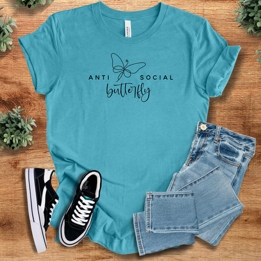 Bright aqua Anti-Social Butterfly T-shirt with bold black print. Fun unisex cotton tee for introverts and lovers of unique graphic tops.