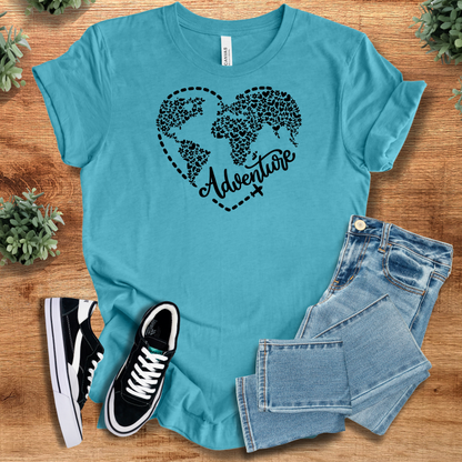 Heather-mauve t-shirt with '' text, flat lay styled on a wooden surface.