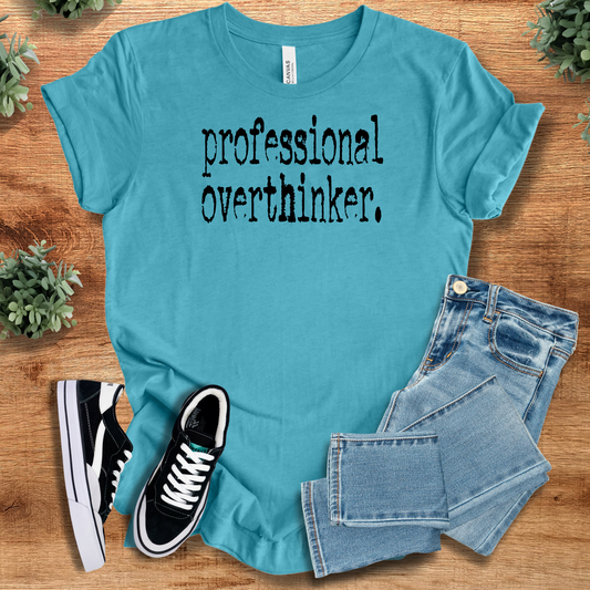 Heather aqua unisex Professional Overthinker T-shirt styled with jeans and sneakers, ideal for introverts and casual outfits.