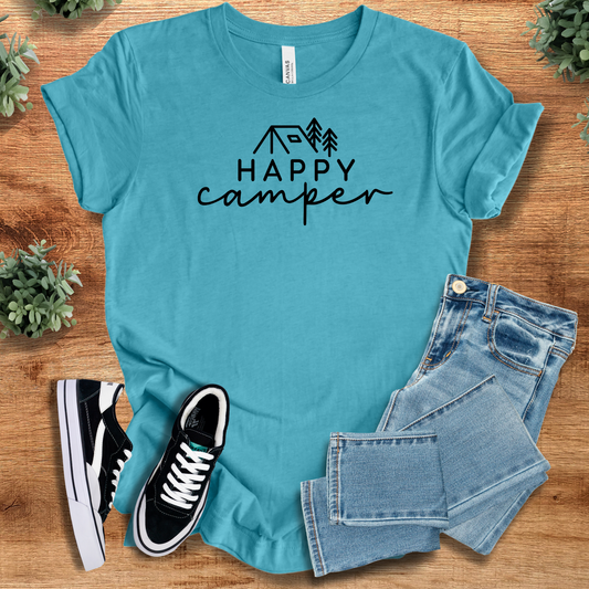 Happy Camper Tee in turquoise with black graphic of tent and trees. Adventure Camper T-Shirt made from breathable cotton for outdoor comfort.