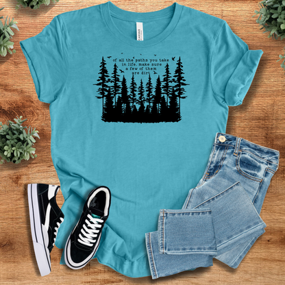 Heather-aqua t-shirt with '' text, flat lay styled on a wooden surface.