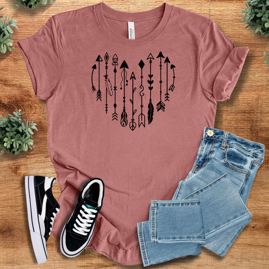 Boho Arrow Heart Tee in mauve with black heart-shaped arrow design. Casual cotton T-shirt for everyday wear or gifting.