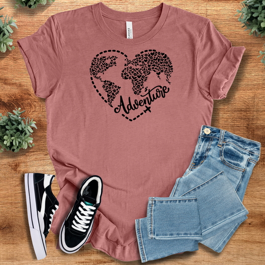 Mauve Adventure Globe Tee with heart-shaped world map and 'Adventure' text. Ideal travel lover gift in comfy casual wear style.