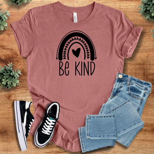 Be Kind Rainbow Tee in mauve with black boho rainbow and heart design. 100% cotton unisex t-shirt ideal for casual wear and gifting.